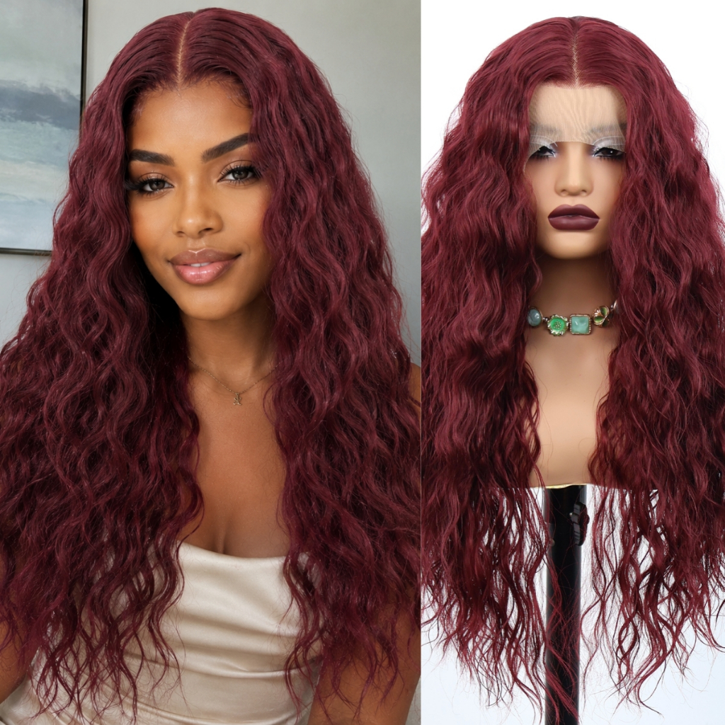 Peruca Frontal De Renda Aodbar De Onda Corporal Vermelha Vinho De 28 Polegadas Para Mulheres , Transparente HD De 134 ,