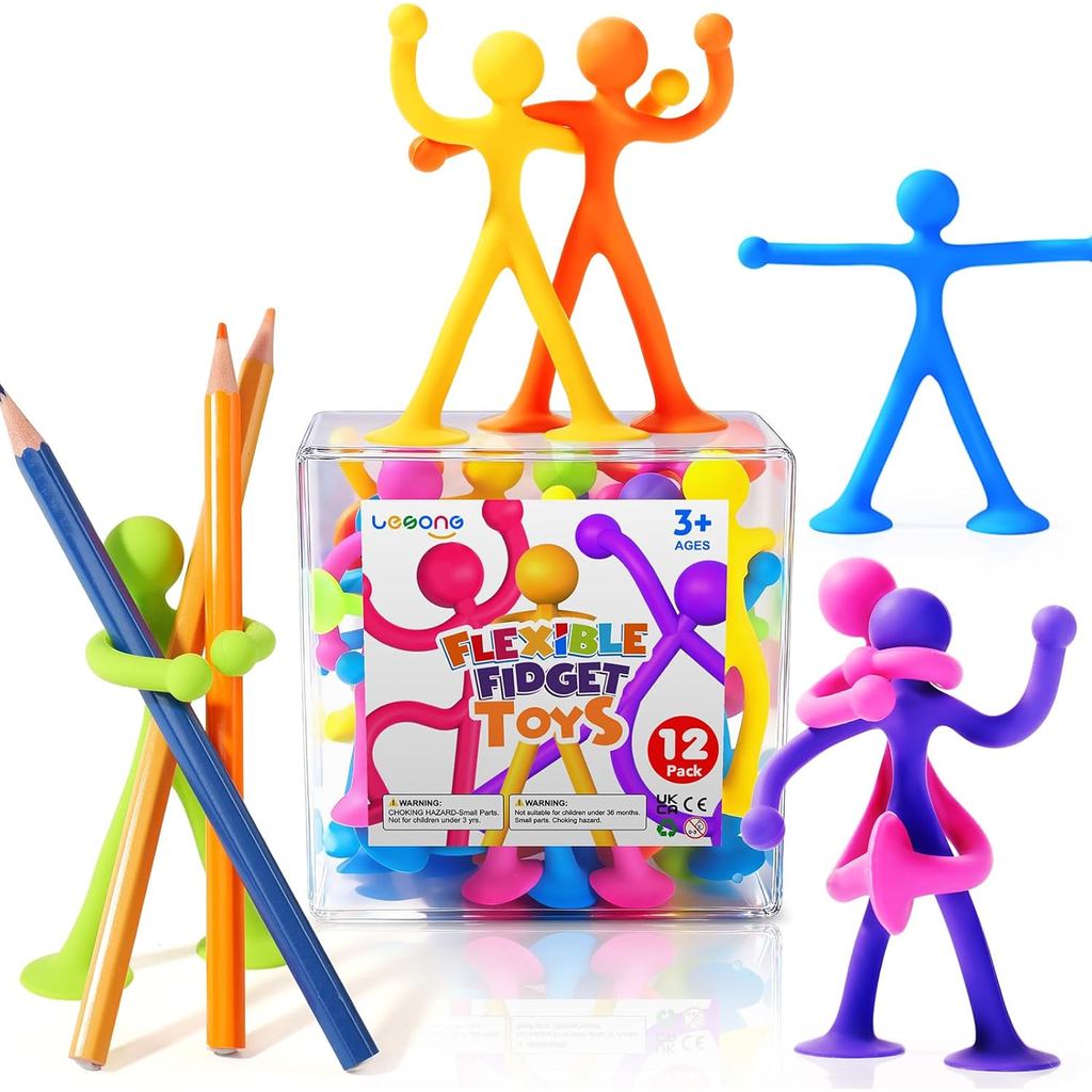 LESONG Quiet Fidget Toys for Kids: 12 Pack Bendable Sensory Toys with Suction Cups - Fidget Toys for Autism ADHD Calming