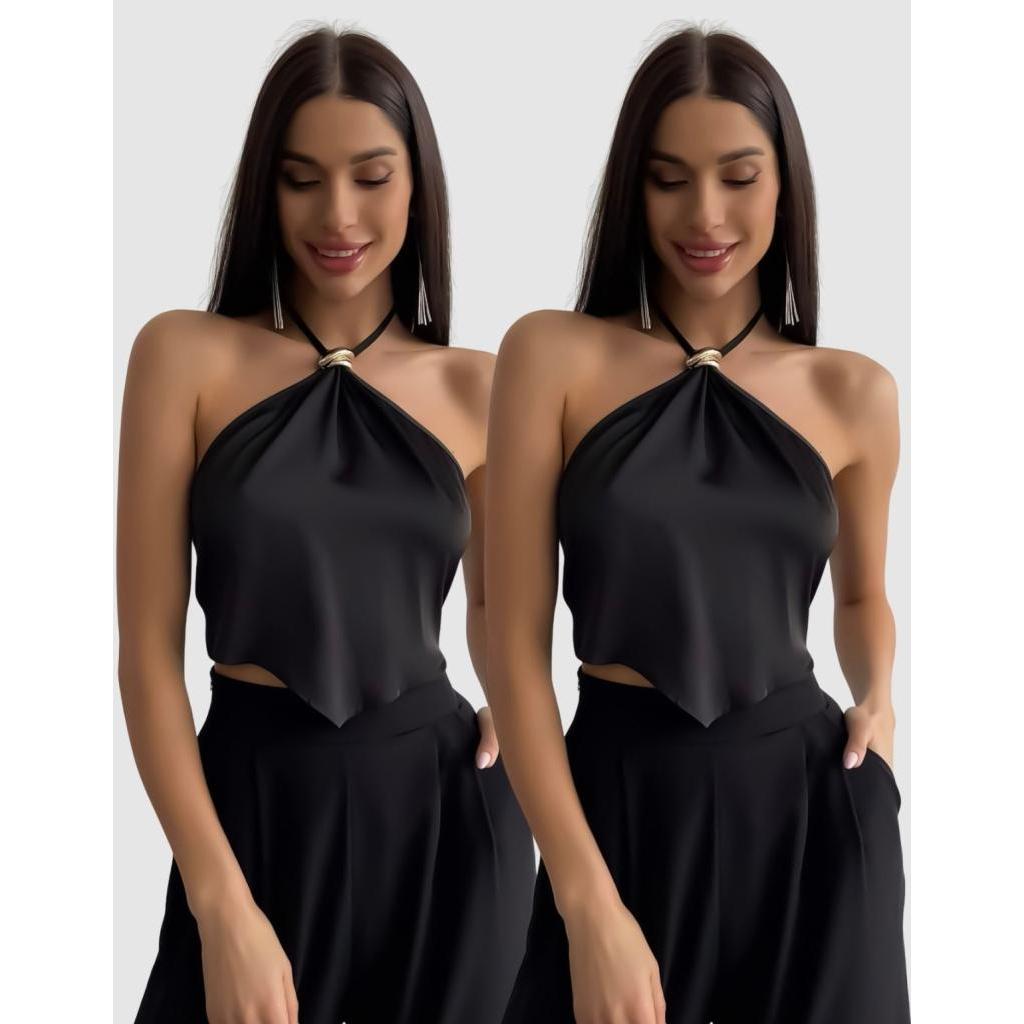Kit 2 Cropped Blusinha Feminina Decote Halter Frente Única Costas Nua Elegante Verão