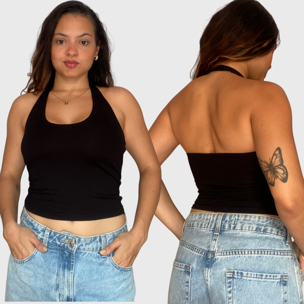 Blusa Feminina Frente Unica Halter Top Tendência Verão Moda Gringa Poliéster Decote Costas frente forrada