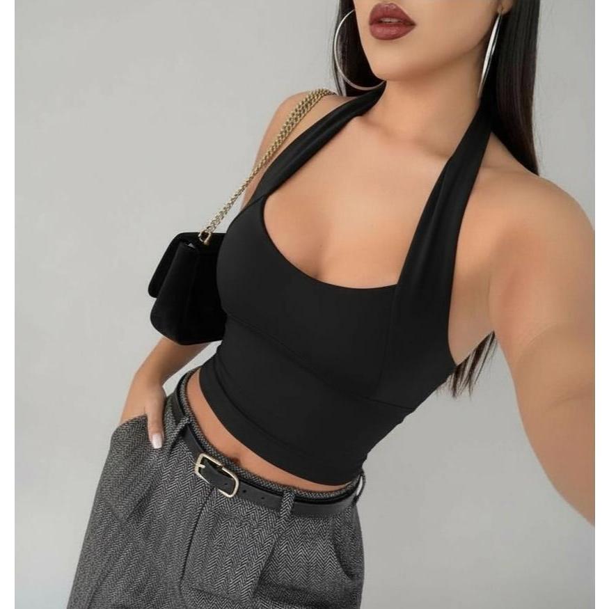 Blusa cropped top decote costas nuas frente unica top halter verão toque efeito silicone vestido