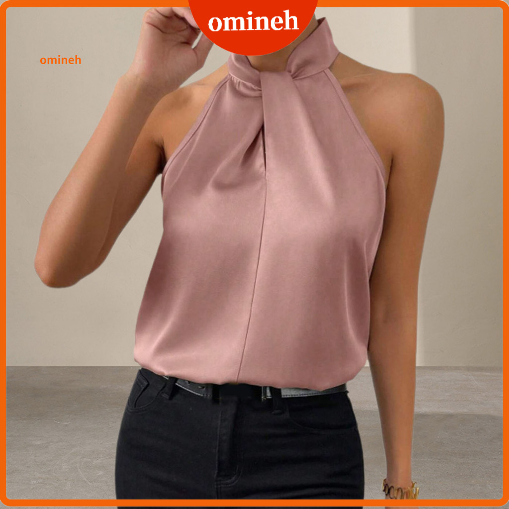 Tunic Top Women Workout Tank Women’s Summer Satin Halter – Loose Fit Blouse Smooth Imitation Silk Solid Color Party
