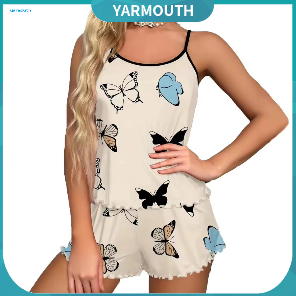 Women Silky Pajama Set Halter Top and Shorts 2pcs Summer Homewear Butterfly Print Sleeveless Backless High Waist Elastic
