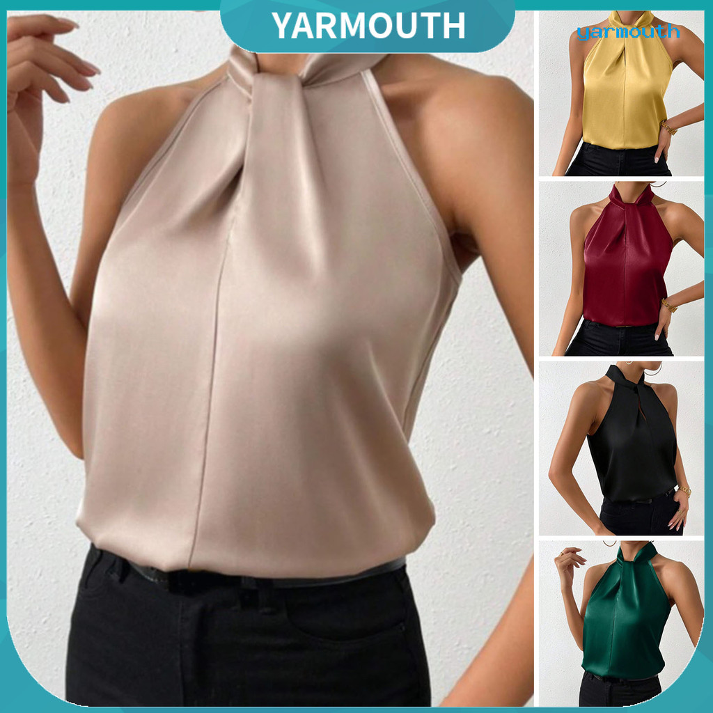 [YAR] Mulheres Verão Tops Halter Sem Mangas Solto Ajuste Blusa Cor Sólida Suave Cetim Regatas Imitação De Seda Festa Esc