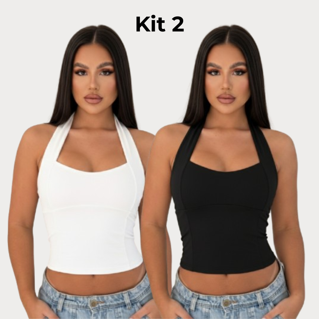 Kit 2 Blusas Feminina Top Halter Cropped Decote Frente Única Costas Nua Verão Moda Gringa Blogueira