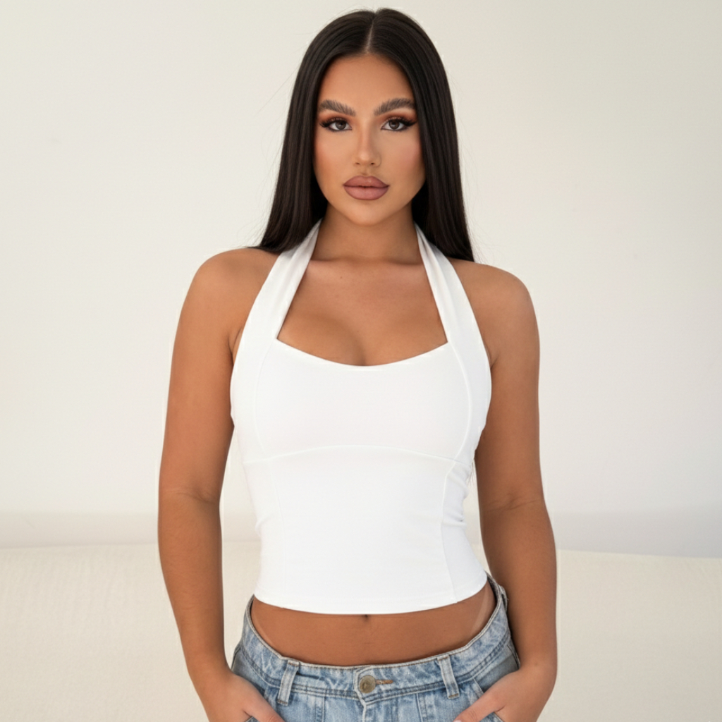 Blusa Cropped Top Halter Decote Frente Única Costas Nua Verão Moda Gringa Blogueira Suplex