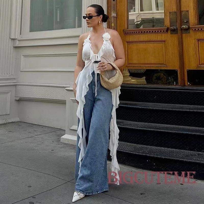 []-Mulheres Halter Neck Tops Irregular Ruffle Tassel Backless Camisa Verão Sem Mangas Streetwear Roupas Estéticas Grunge