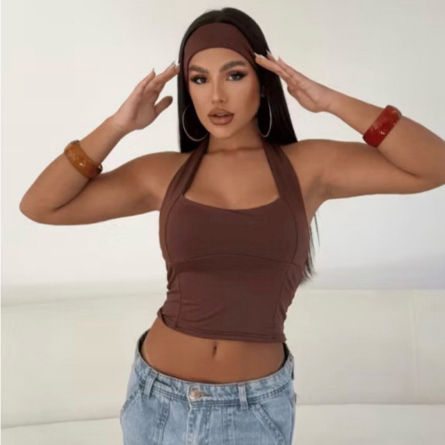 Blusa Liz Feminina Elegante e moderna suplex premium Top Halter Cropped Decote Frente Única Costas Nua Verão