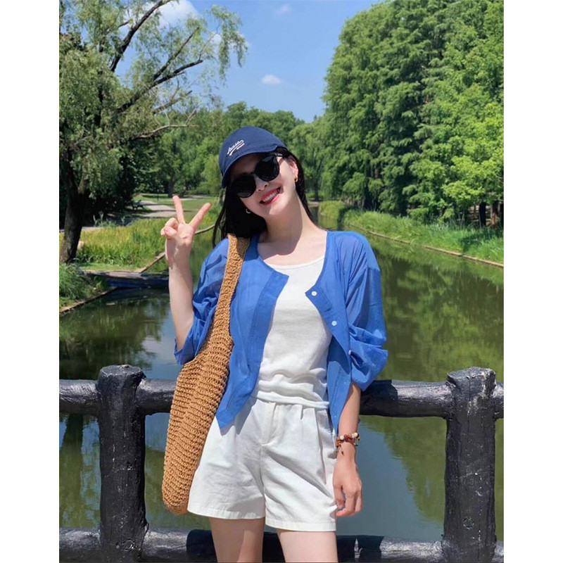 Klein blue sun-protective shirt with a small shawl for women, summer loose-fitting drawstring sheer cardigan top