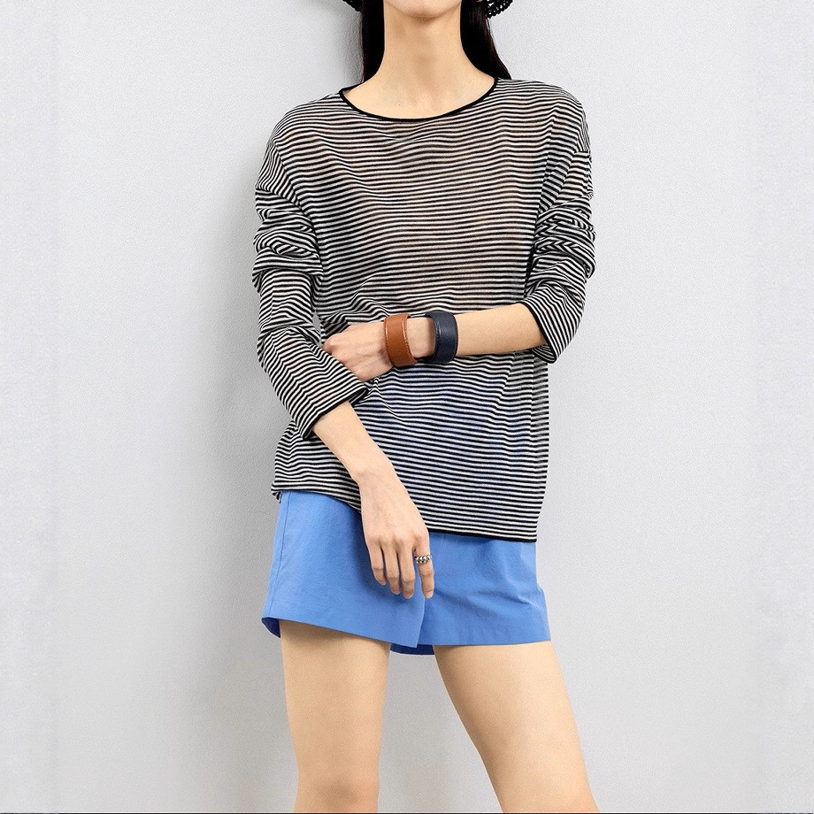 Lightweight linen-blend fabric, dry, breathable, comfortable, sun-protective, striped, loose-fitting summer cover-up