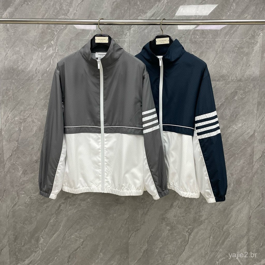 TEKF Spring and summer new classic four-stripe color-blocked sun-protective zip-up stand-collar jacket, a matching set f
