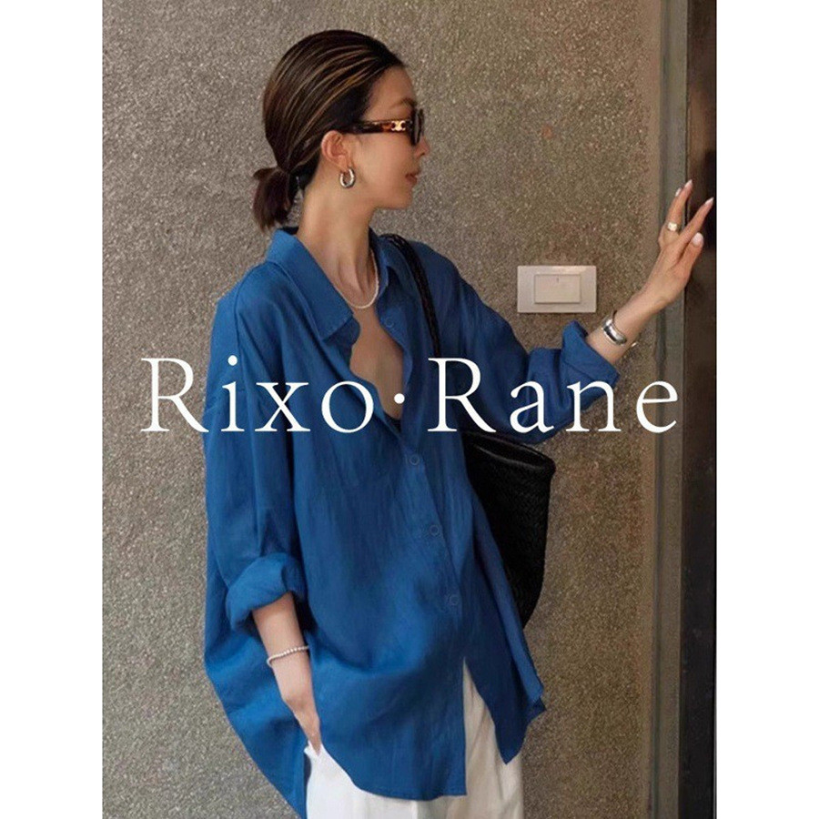 Elegant linen sun-protective long-sleeve shirt cardigan jacket, loose-fitting cotton-linen blue shirt