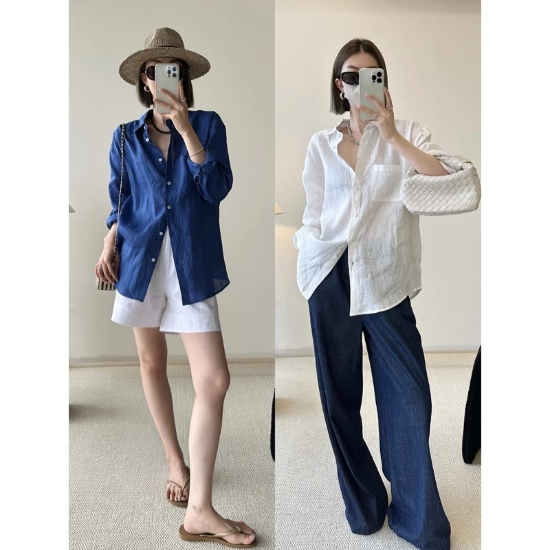 Elegant Linen Shirt for Women, Sun-Protective Cardigan Jacket, Spring/Summer Thin Loose Cotton-Linen Blue Shirt