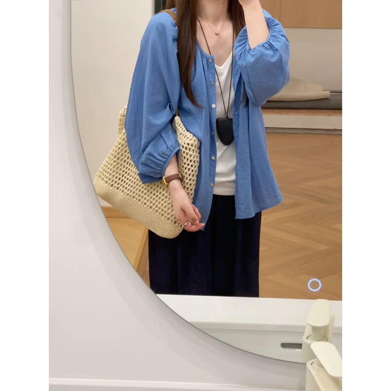 Klein blue round-neck lightweight sun-protective shirt for women, summer thin casual shirt jacket