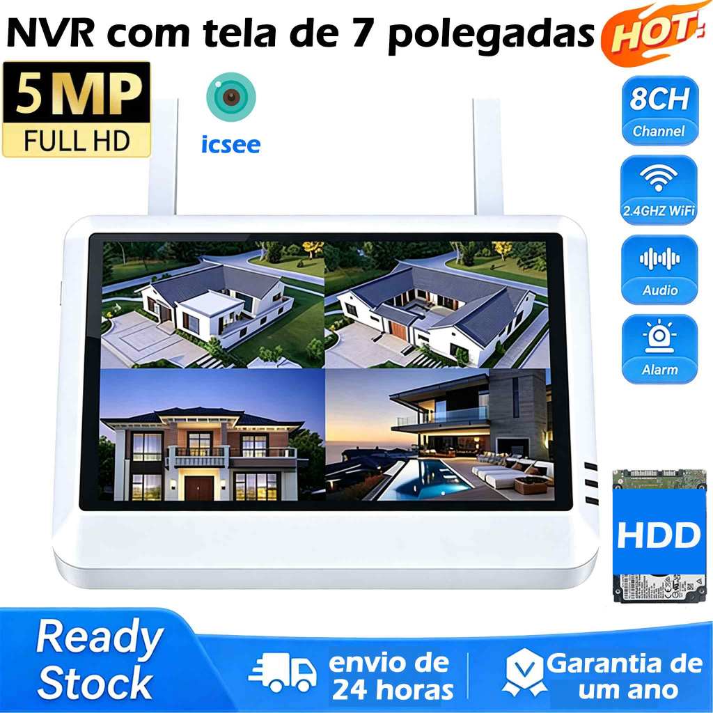 Gravador NVR Sem Fio 8CH Com Tela Câmera De Segurança Sistema Wi-Fi Monitor Suporte Detecção Humana Áudio ICSEE