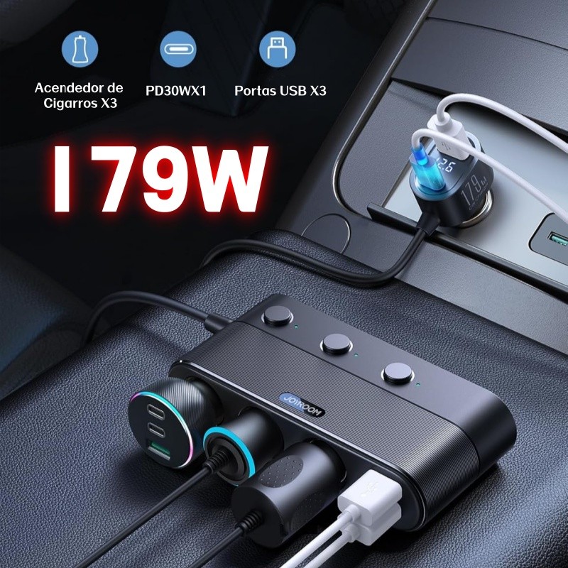 Adaptador De Carregador De Carro Multifuncional De 179 W  7 Em 1 Com Interruptor Independente E Display De Voltagem LED