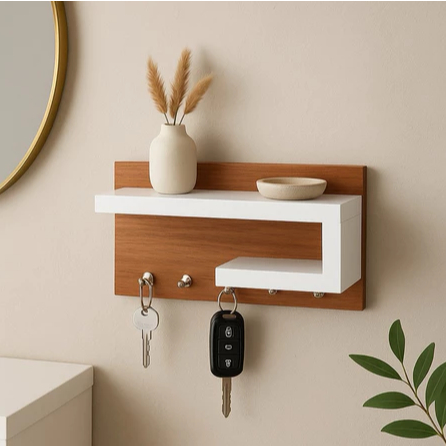 Porta-Chaves de Parede com Prateleira Decorativa em MDF 25x13x8,5 cm – Design Moderno Amadeirado e Branco