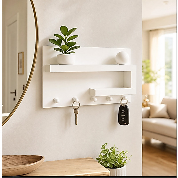 Porta Chaves Organizador Prateleira Decoração – Design Moderno em MDF | Branco | Branco + Freijó | Freijó + Branco