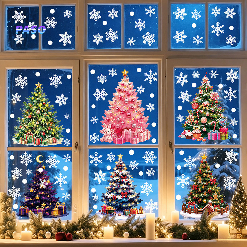 Christmas Tree Window Clings Festive Storefront Display Decor 6pcs Colorful Snowflake Stickers Removable Pvc Static for