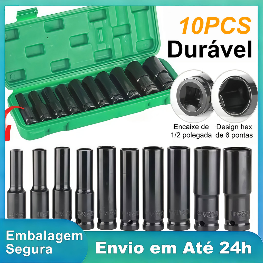 10 Peças Jogo de soquetes de impacto longo Black Deep Box Tool Set 8mm-24mm
