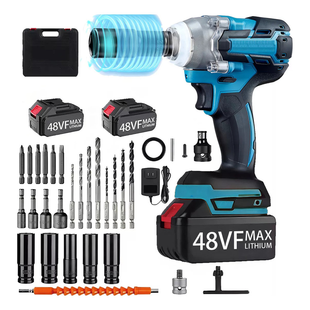 Chave De Impacto A Bateria 48v Bivolt Com Caixa De Ferrament 2 Bateria