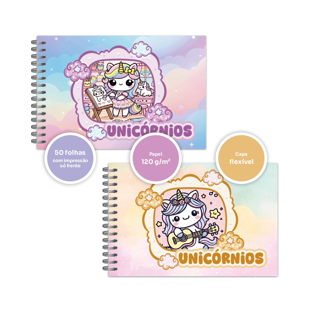 Livro para colorir Unicórnios lindos fofos capa mole com espiral plástico 50 desenhos