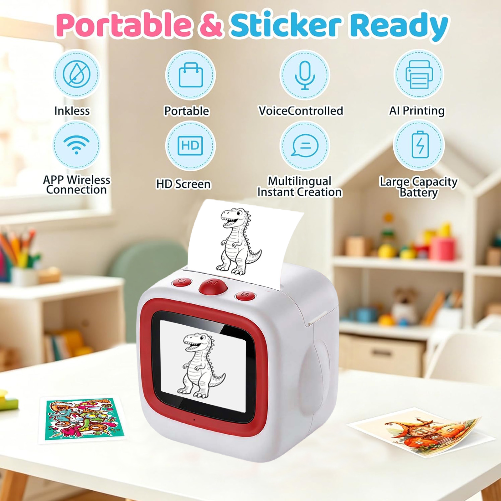 Impressora térmica portátil mini com geração de voz AI, padrão para brinquedos DIY infantis