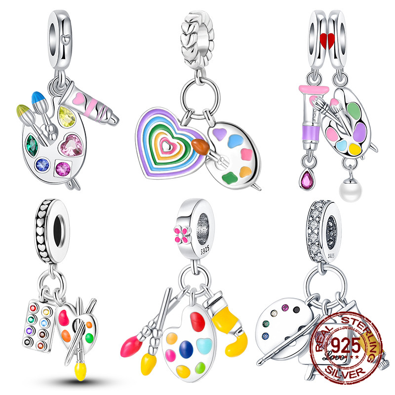 Charms Berloque 925 Prata Artista Pincéis Paleta De Cores Pintura A Óleo Encantos Contas Caber 4MM Diâmetro Do Furo