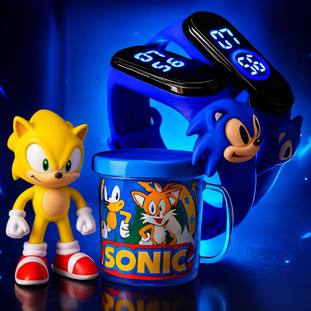 Kit Sonic Amarelo 3 em 1: Boneco + Copo + Relógio LED