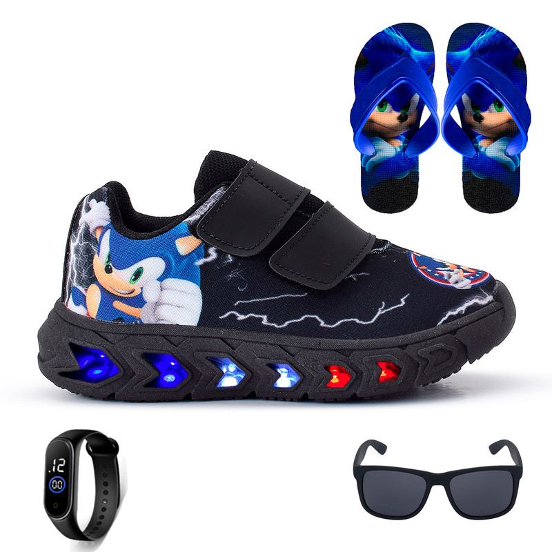 Kit Infantil para Meninos: Tênis Sonic Calce Fácil de LED + Chinelo de Dedo + Relógio e Óculos