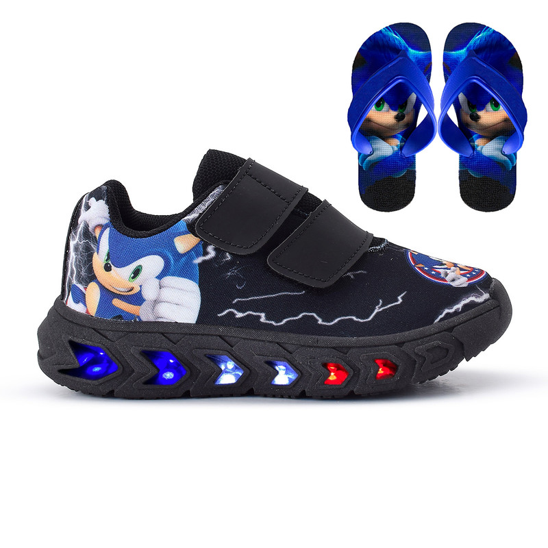 Tênis Infantil para Meninos Sonic com Led + Chinelo Sonic de Dedo