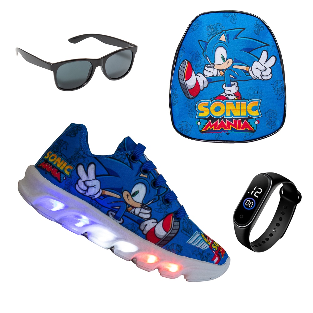 Kit Tenis Masculino Infantil De Led Menino Sonic  + Óculos + Mochila e Relógio Brilha Luzinha Pisca que Acende