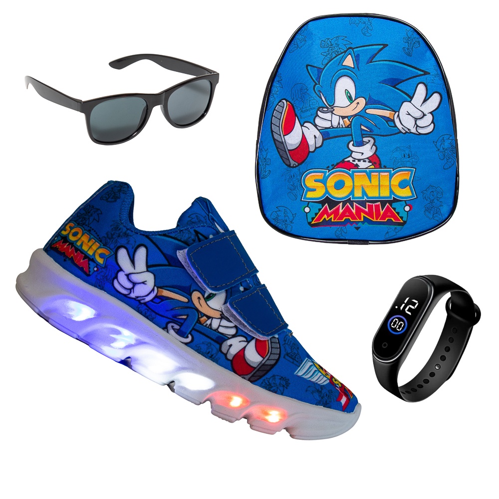 Kit Tenis Masculino Infantil De Led Menino Sonic Velcro + Óculos + Mochila e Relógio  Confortável  Luzinha Pisca