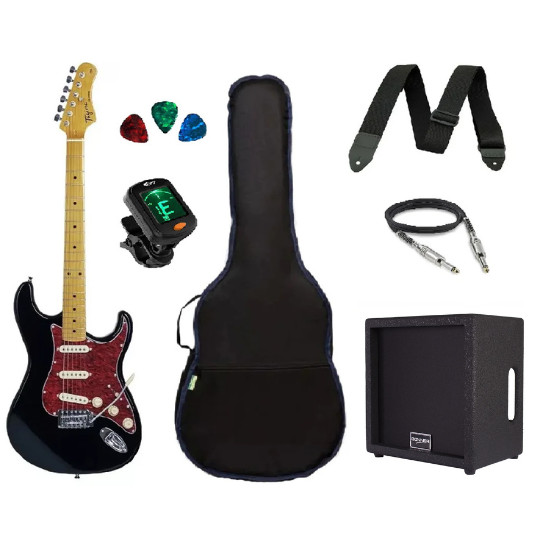 Kit Guitarra Tagima TG530 Strato Preta com Amplificador e Acessórios