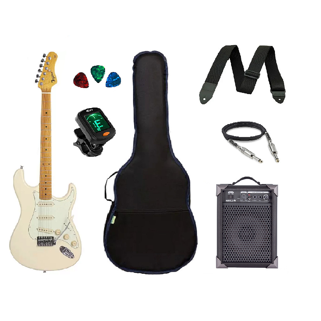 Kit Guitarra Tagima TG530 Strato Branca com Amplificador e Acessórios
