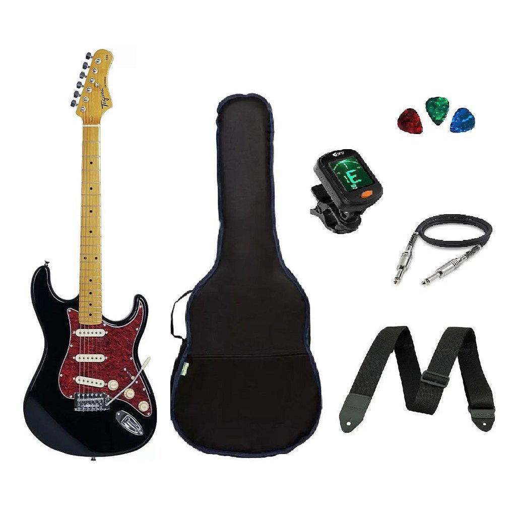 kit Guitarra Tagima TG530 Strato Preta Capa/ Afinador/ Correia/ Cabo/ 3 Palhetas