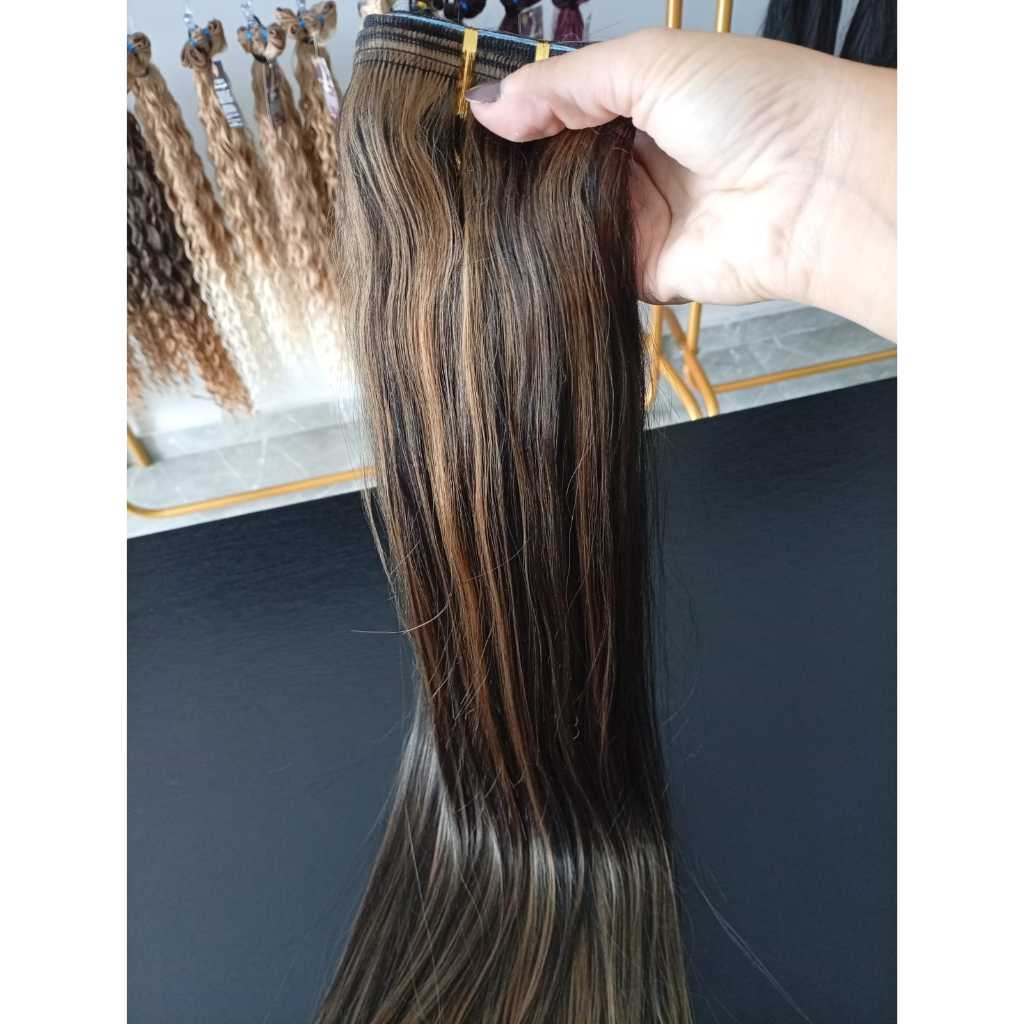Aplique de Cabelo na Fita Adesiva Mega Hair Natural Fibra Russa Liso Morena Iluminada 70cm Premium