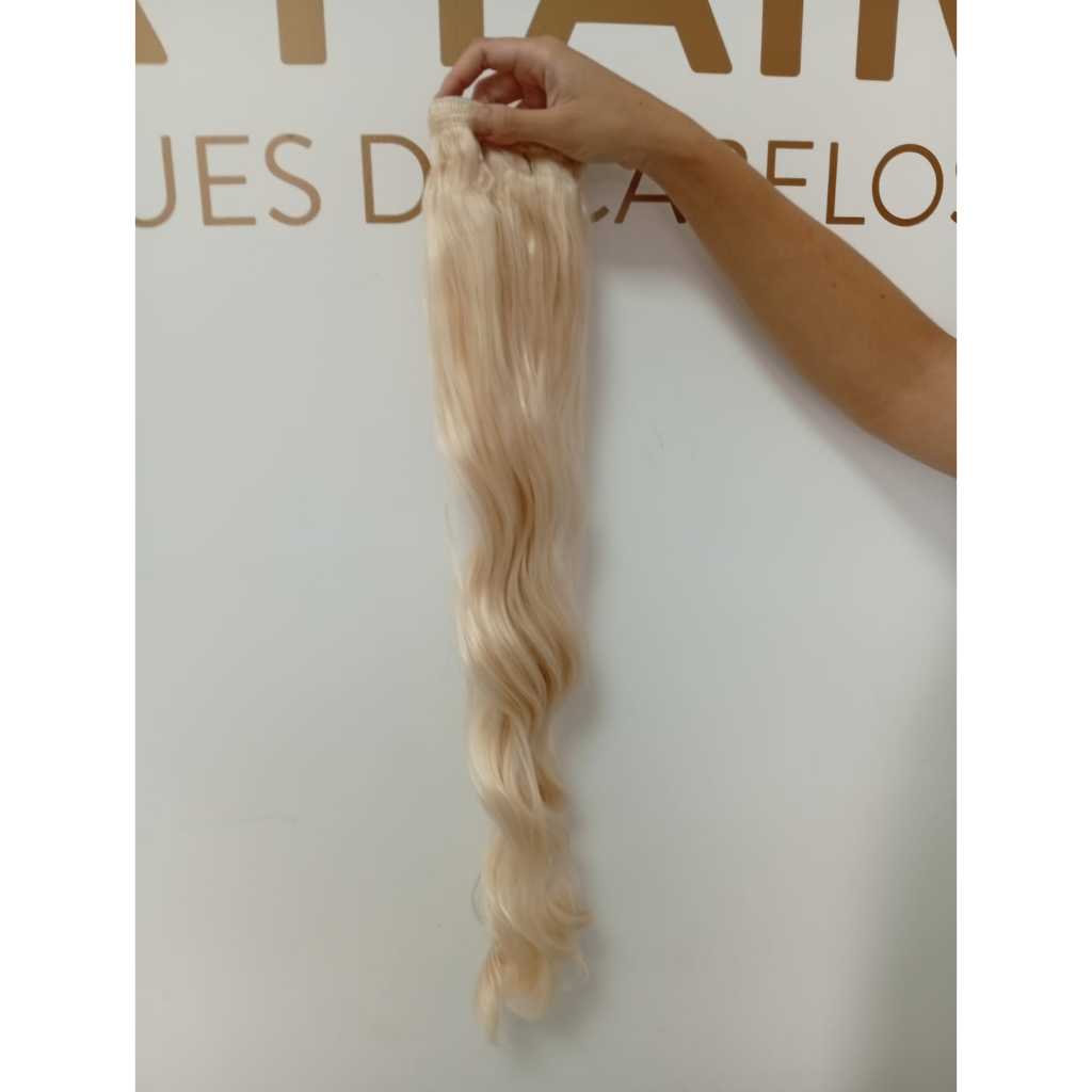 Aplique de Cabelo na Fita Adesiva Mega Hair Natural Fibra Russa Ondulado Loiro Claríssimo 60cm Premium