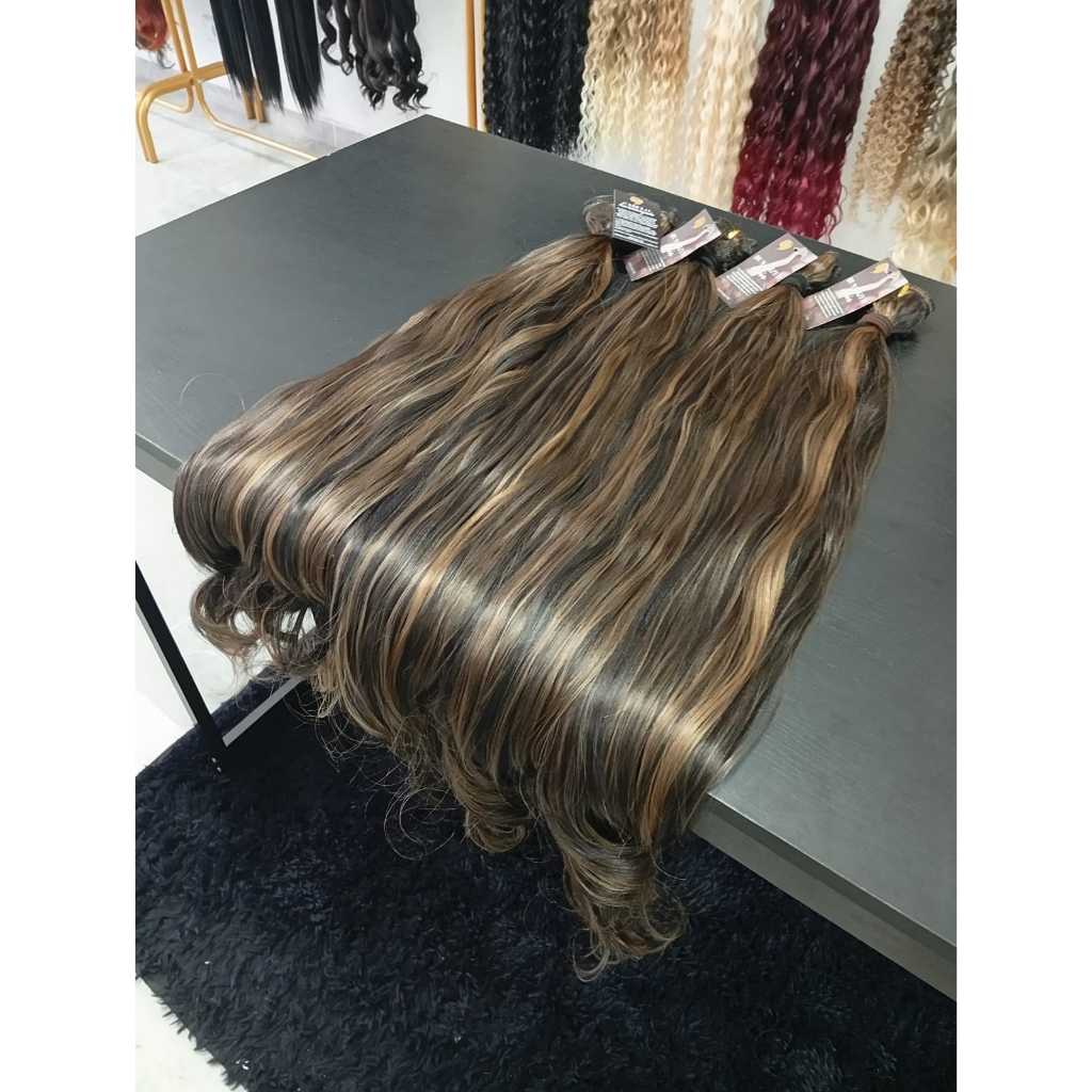 Aplique de Cabelo na Tela Mega Hair Natural Fibra Russa Ondulado Morena Iluminada 60cm Premium