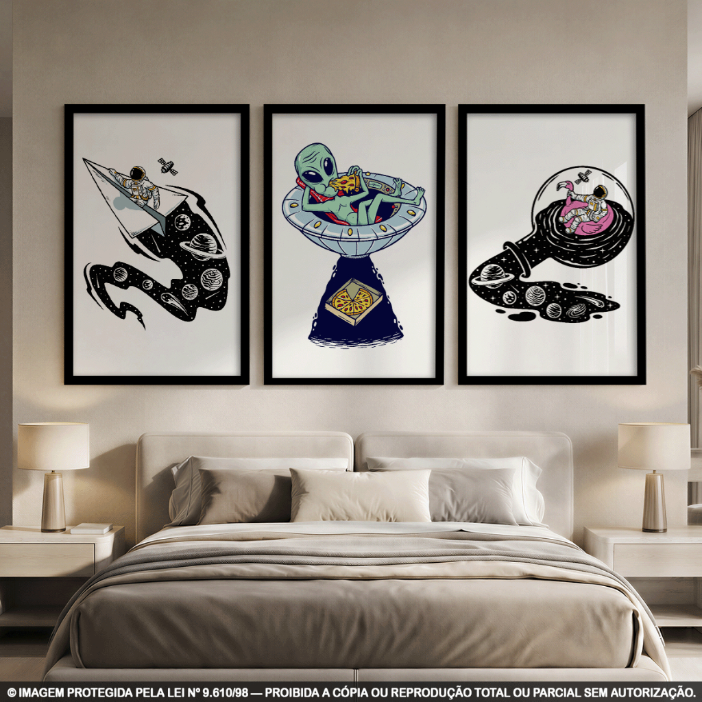 Kit 3 Quadros Decorativos Espaço Astronauta e Alien | Nave, Planetas e Arte Criativa | Decoração Quarto em MDF 3mm