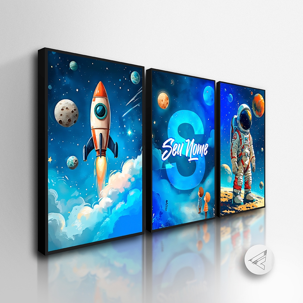 Kit 3 Quadros Infantil Astronauta Personalizado com Nome Decoração Quarto Criança Presente Criativo