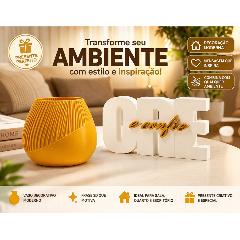 Kit Decoração Sala e Quarto Moderno | Vaso Decorativo + Letreiro Motivacional 3D | Presente Criativo e Elegante