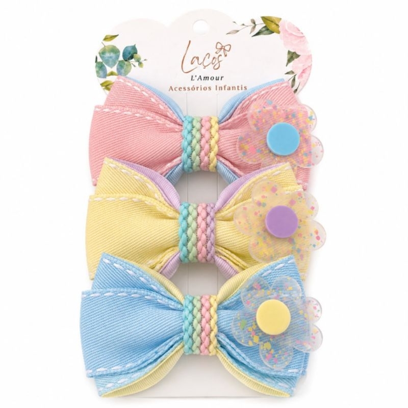 laço G infantil candy - laço jeans colorido - aplique flor acrilico - bico de pato