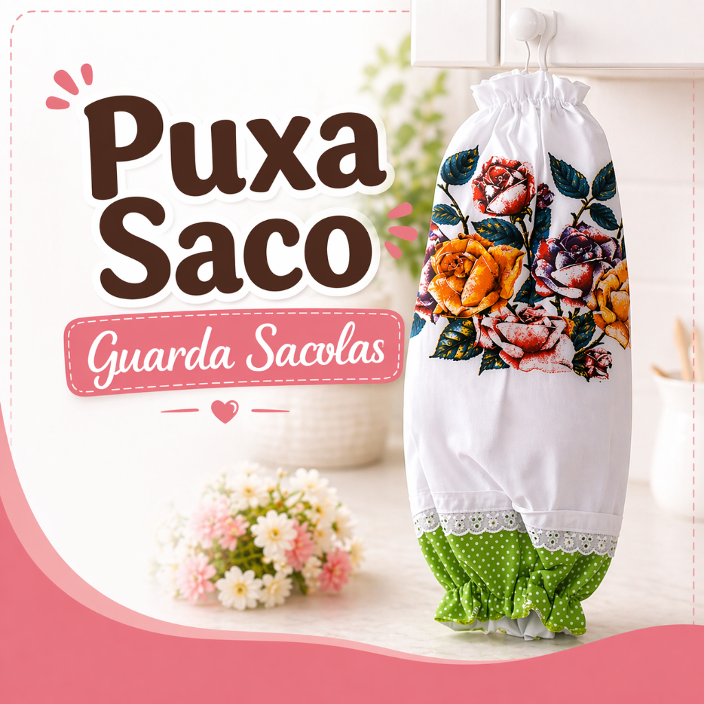 Puxa Saco Guarda Sacolas Branco Estampado 43x20cm Organizador de Sacolas Tecido Tergal Cozinha