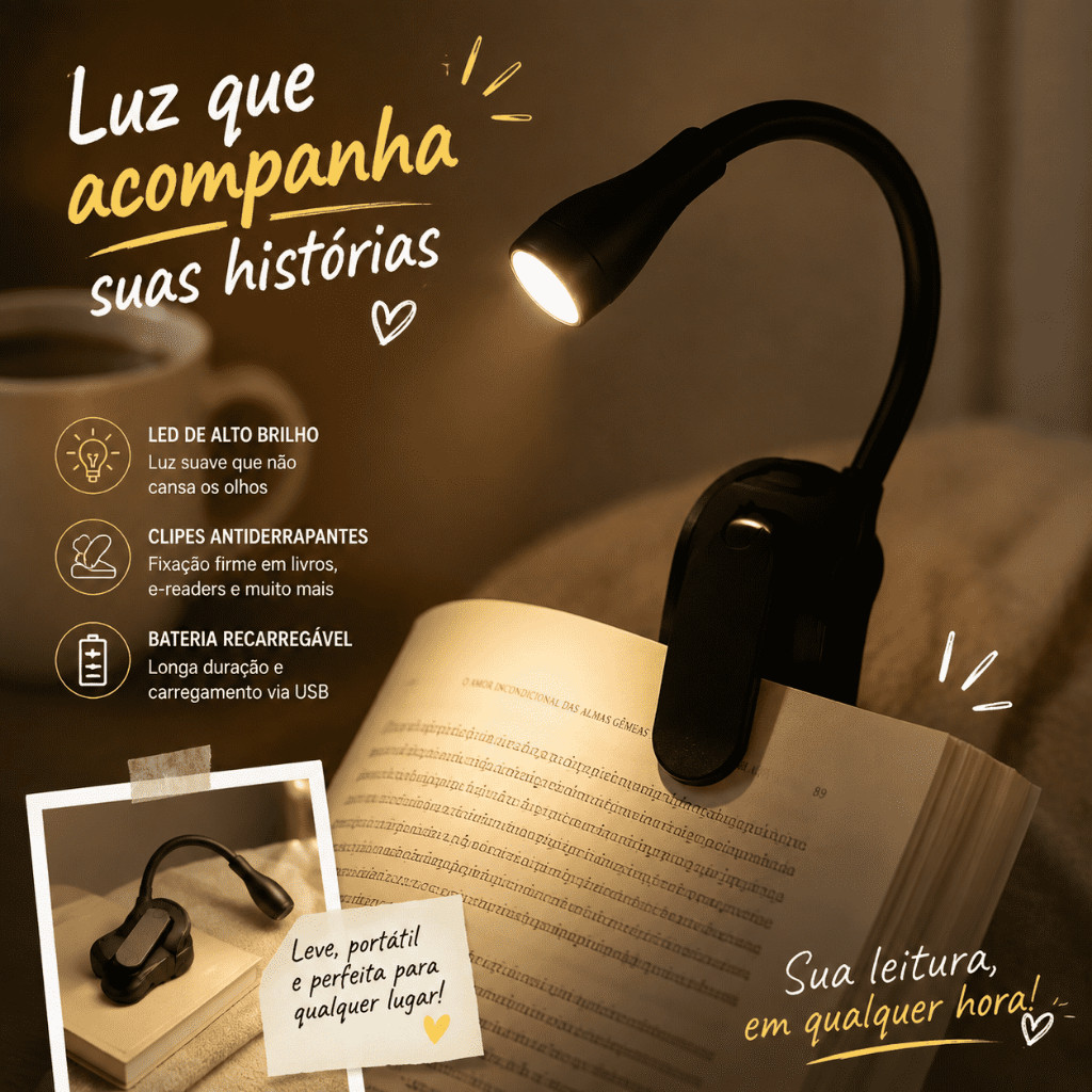 Luz De Leitura Recarregável Luminaria Led De Livro Com Clipe Avaliação da loja - Variação: