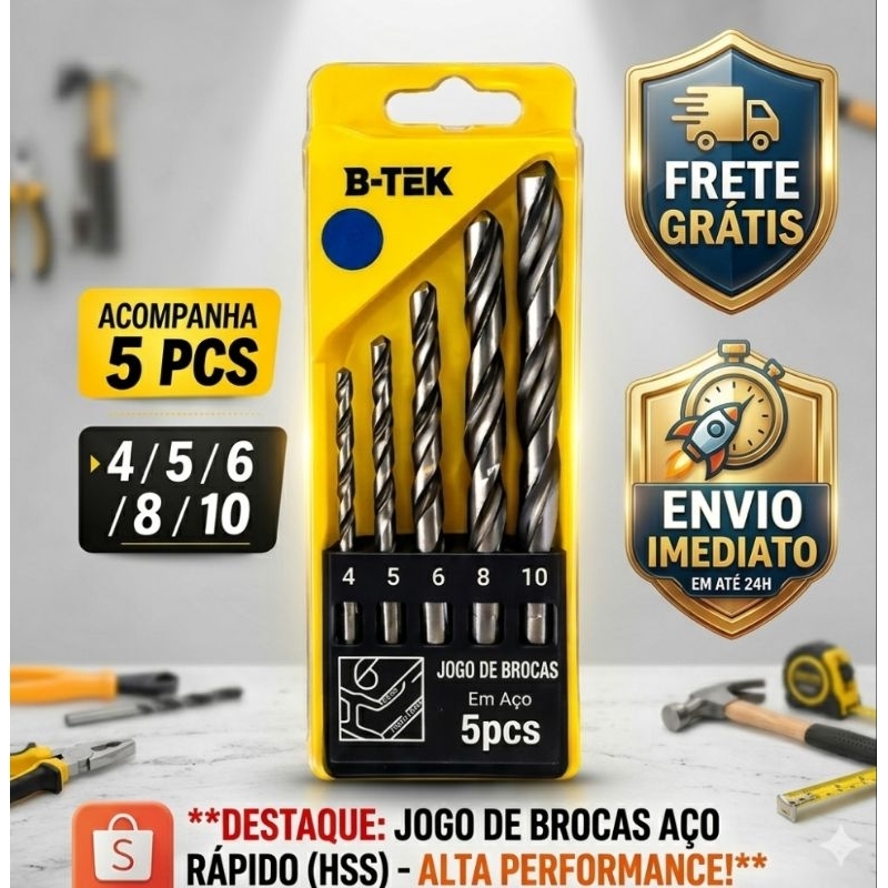 Kit Jogo 5 Broca Para Metal Em Aço Rapido 4 A 10 Mm Aço Rápido Uso Doméstico E Profissional HSS (Com Estojo)
