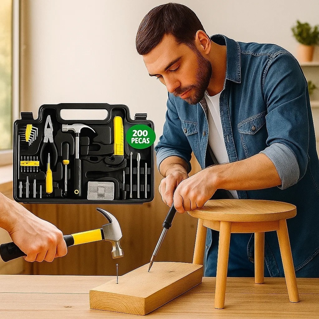 Kit Jogo Ferramentas Maleta Caixa Parafusos Chaves Fenda Alicate Martelo Estilete Reparo Manutenção