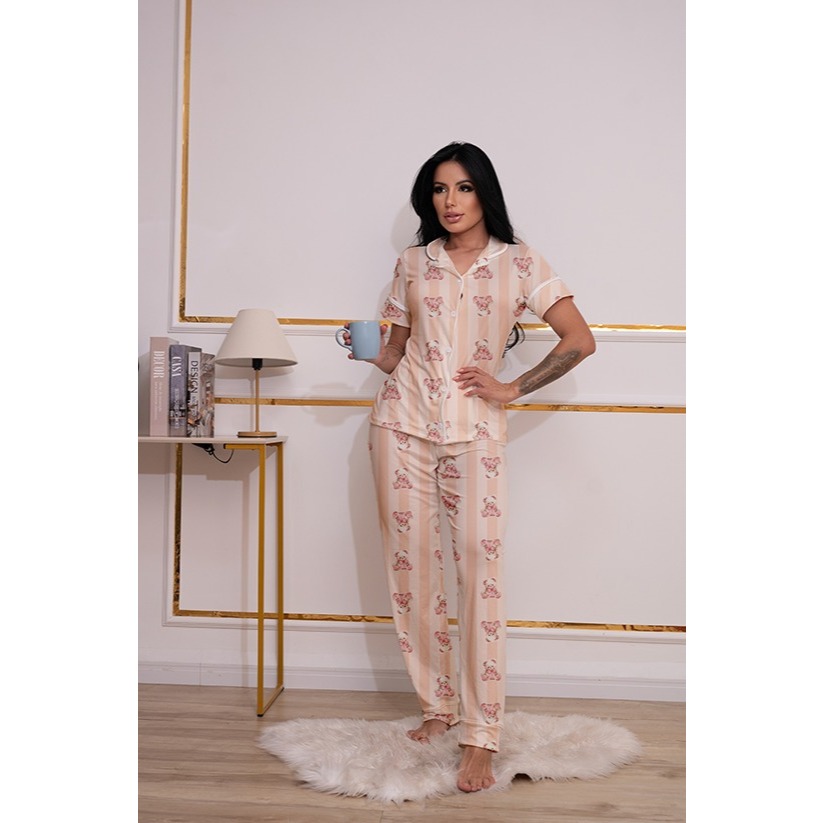 PIJAMA AMERICANO MANGA CURTA E CALÇA OUTONO/INVERNO ELEGANTE