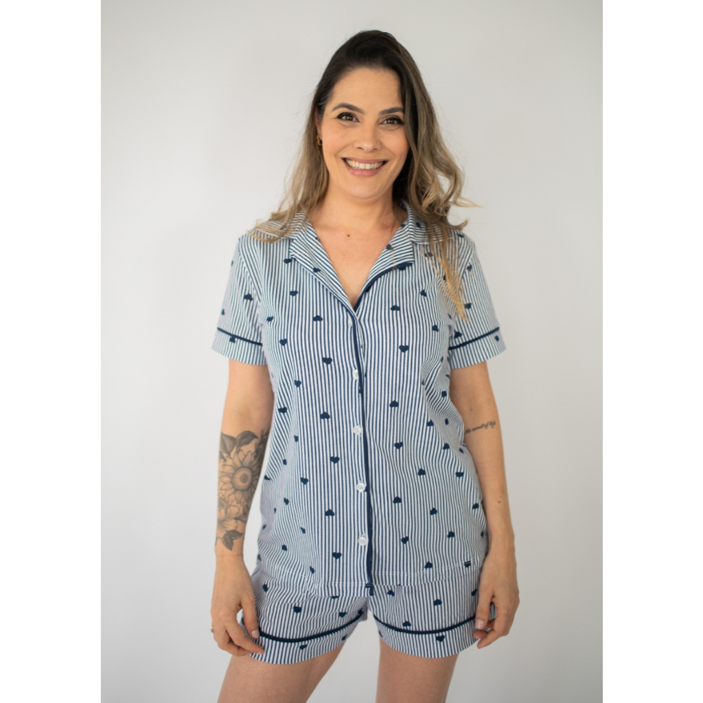 Pijama Feminino Americano Manga Curta Botões Frente Algodão Verão - Listrado Marinho Coração