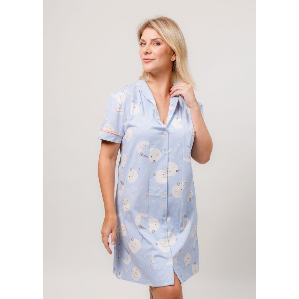 Camisola Americana com Botões na Frente Manga Curta Algodão Pós-Cirúrgico Amamentação Verão-Lua Azul